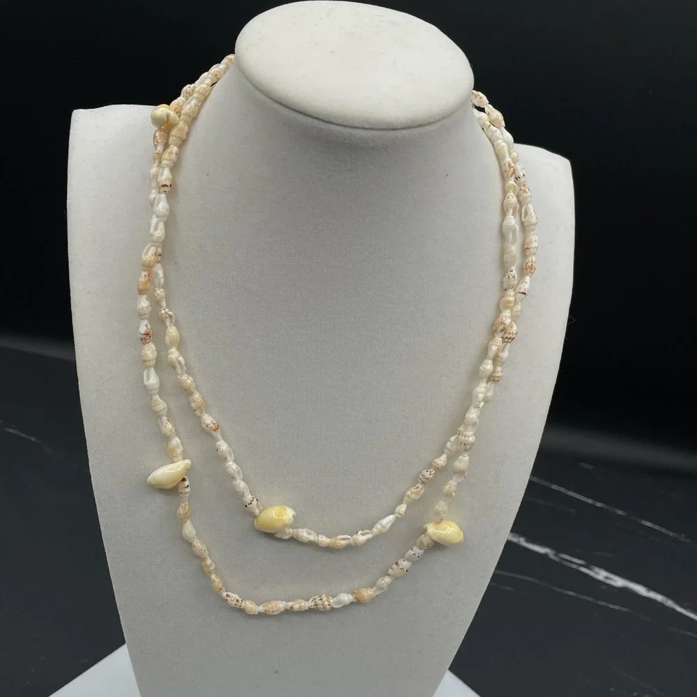 Vintage Long Puka‎ Whelk Shell Necklace Boho Beach Jewelry Natural Cream